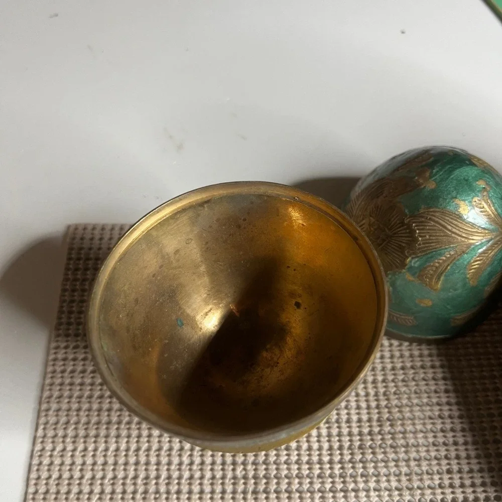 Vintage Brass Green Enamel Floral Set Egg Trinket Box Vase and Scalloped Tray